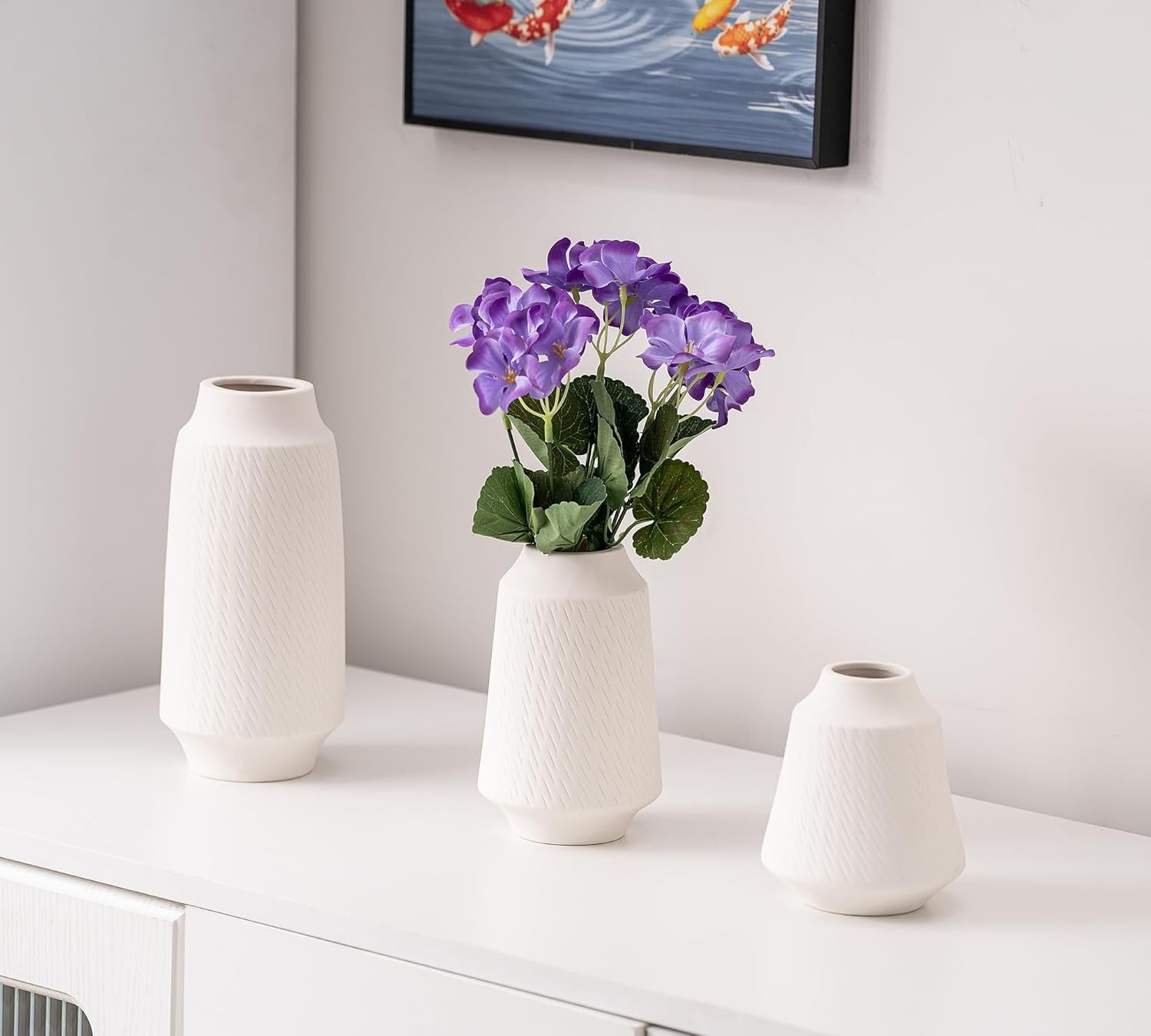 Ceramic Vase Set of 3 White Textured Flower Vases Modern Boho Decor