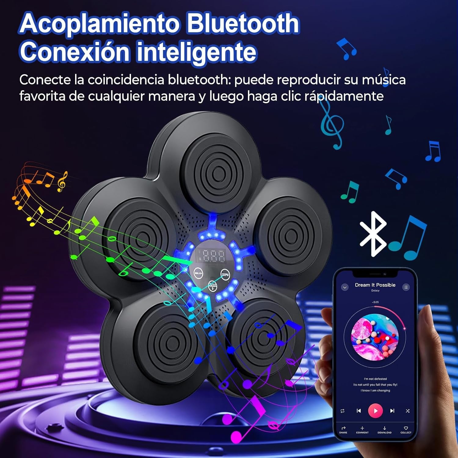 Music Boxing Machine Bluetooth LED Wall Pad Training Blue Lights Black