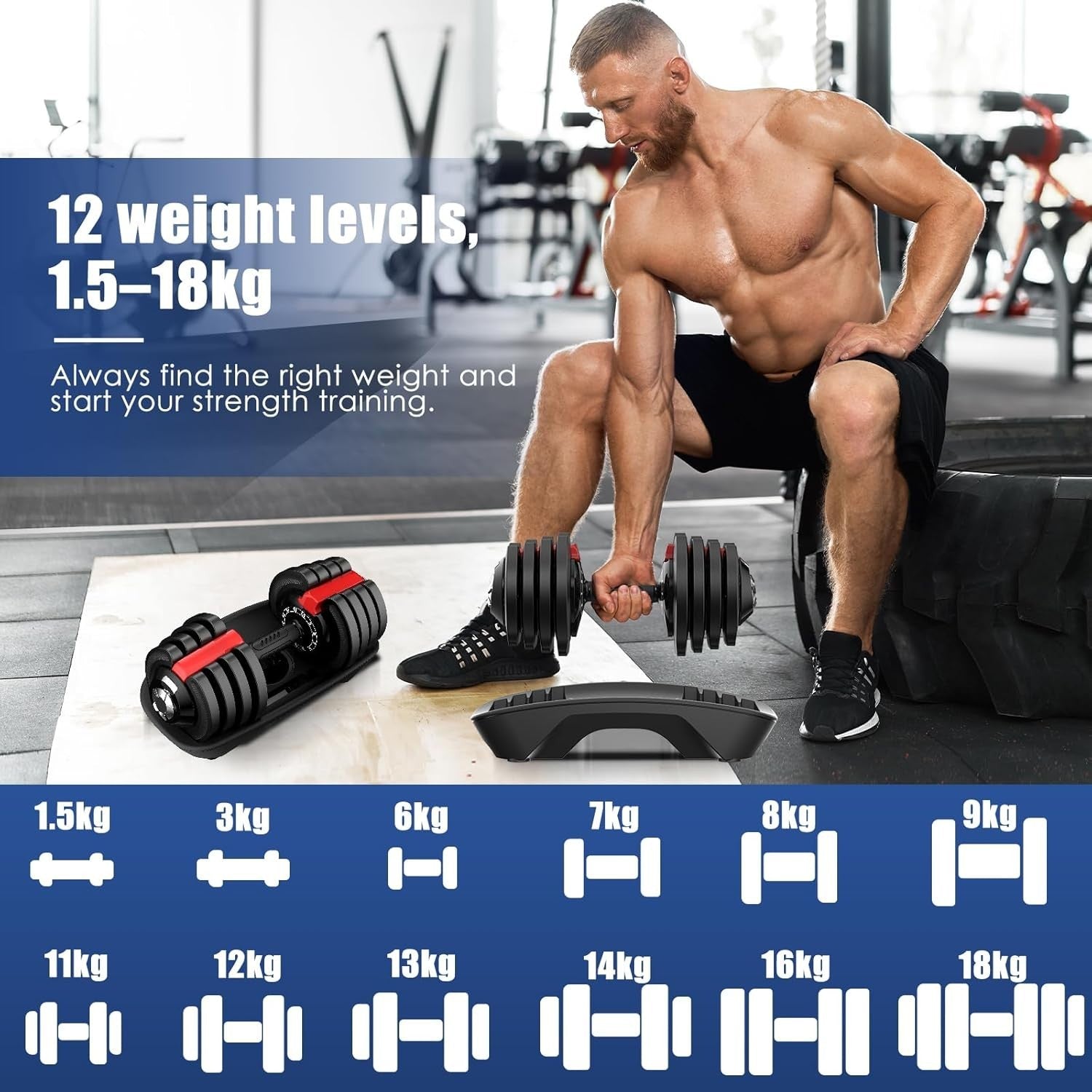 18kg Adjustable Dumbbell Set Pair 12-in-1 Quick Change Cast Iron Weights