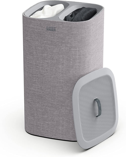 60L Dual Laundry Basket with Lid Removable Washing Bags Modern Grey Fabric