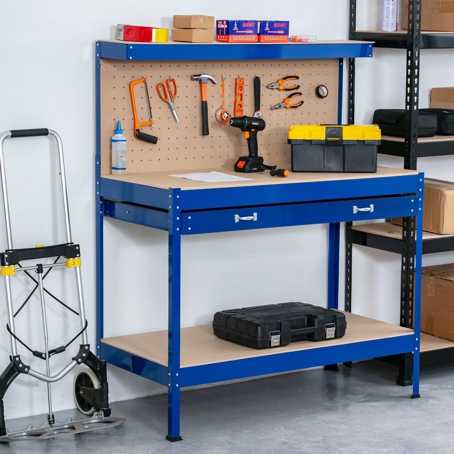 Blue Steel Garage Workbench Tool Station w/ Drawer Pegboard Shelf DIY Bench