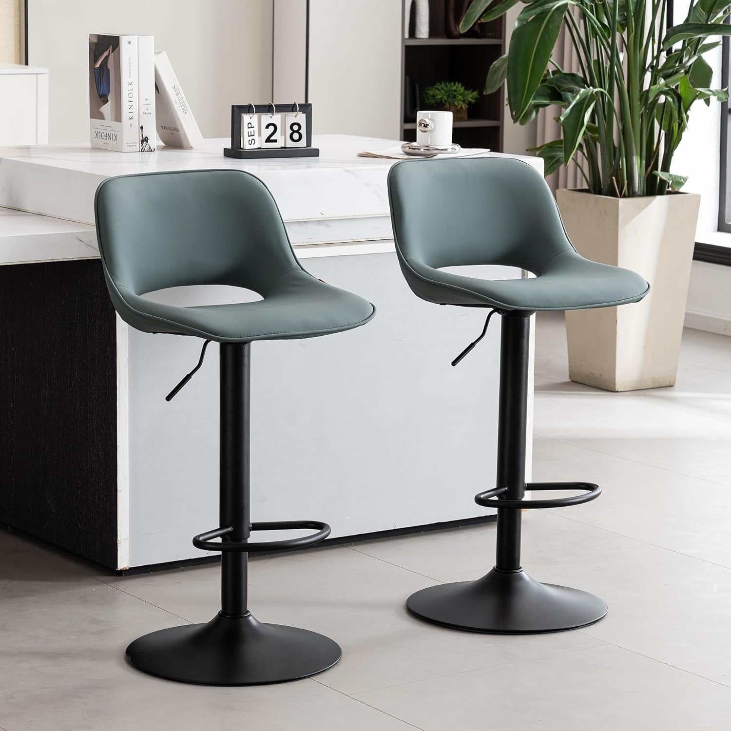 Adjustable Swivel Bar Stools 2pcs Faux Leather Counter Height Greyish Green