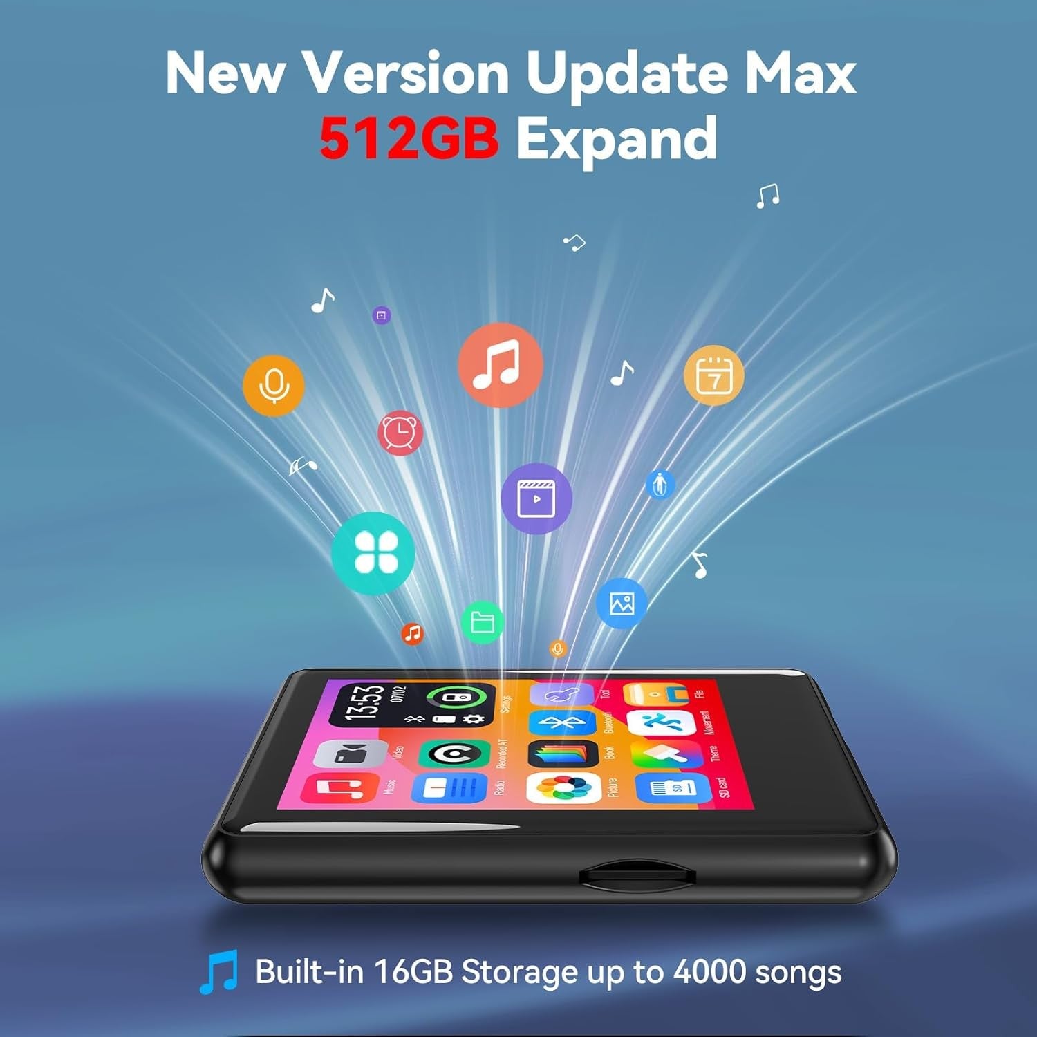 Bluetooth 5.4 MP3 Player 16GB Touch Screen FM Speaker Expandable