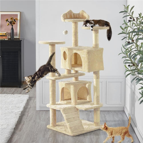 135cm Large Cat Tree Tower Beige Multi Level Condos Scratching Posts Indoor