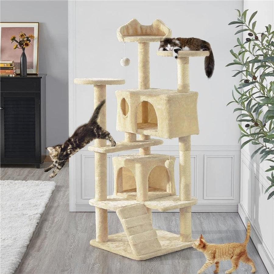 135cm Large Cat Tree Tower Beige Multi Level Condos Scratching Posts Indoor