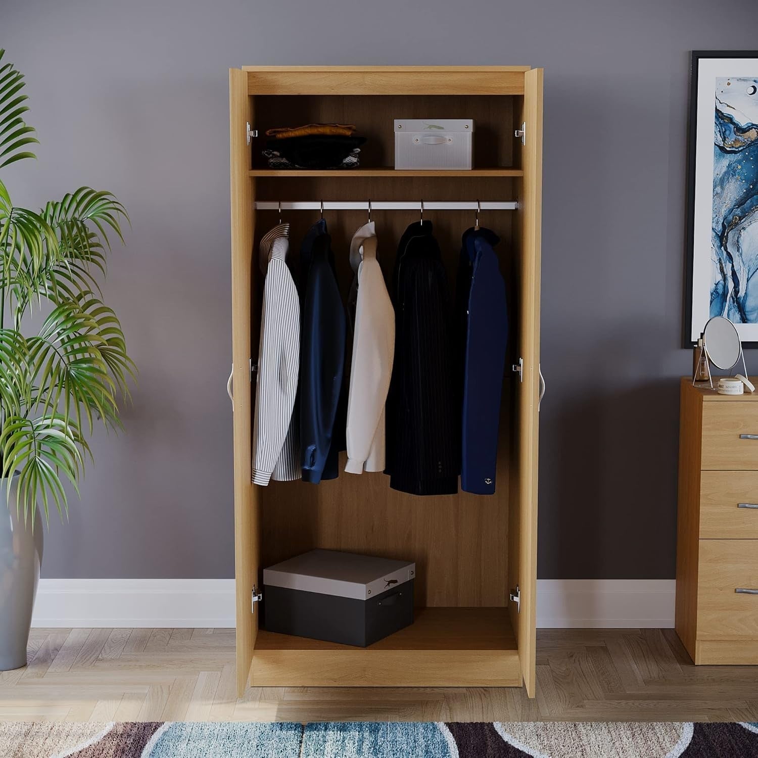 2 Door Pine Wardrobe with Shelf & Hanging Rail, Tall Bedroom Storage