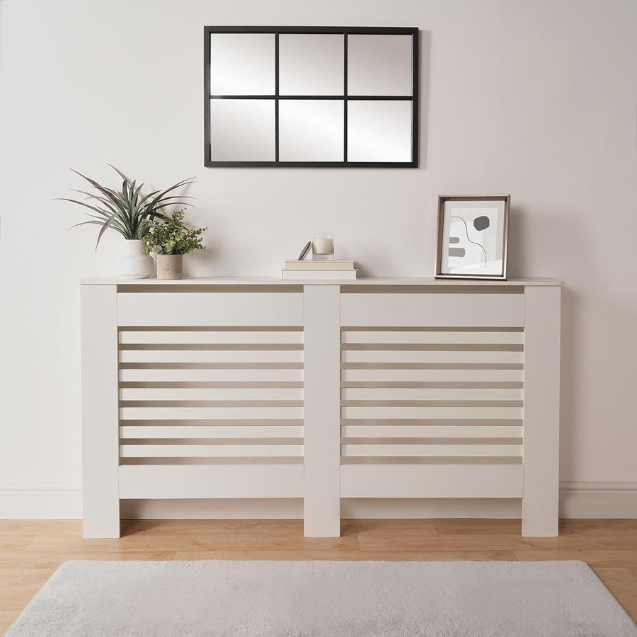 Large White Radiator Cover MDF Slatted Cabinet – Modern Wooden Heater Shelf