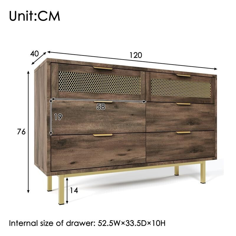 Dark Wood Sideboard Cabinet 6 Drawers, Metal Legs, Retro Storage Unit