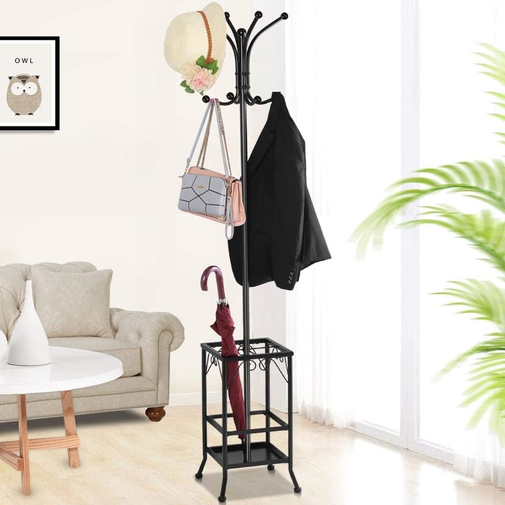Metal Coat Rack Stand with Umbrella Holder | 8 Hooks Free Standing Tree
