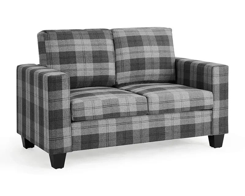 Grey Tartan 2 Seater Fabric Sofa Compact Stylish Wooden Frame UK Cert
