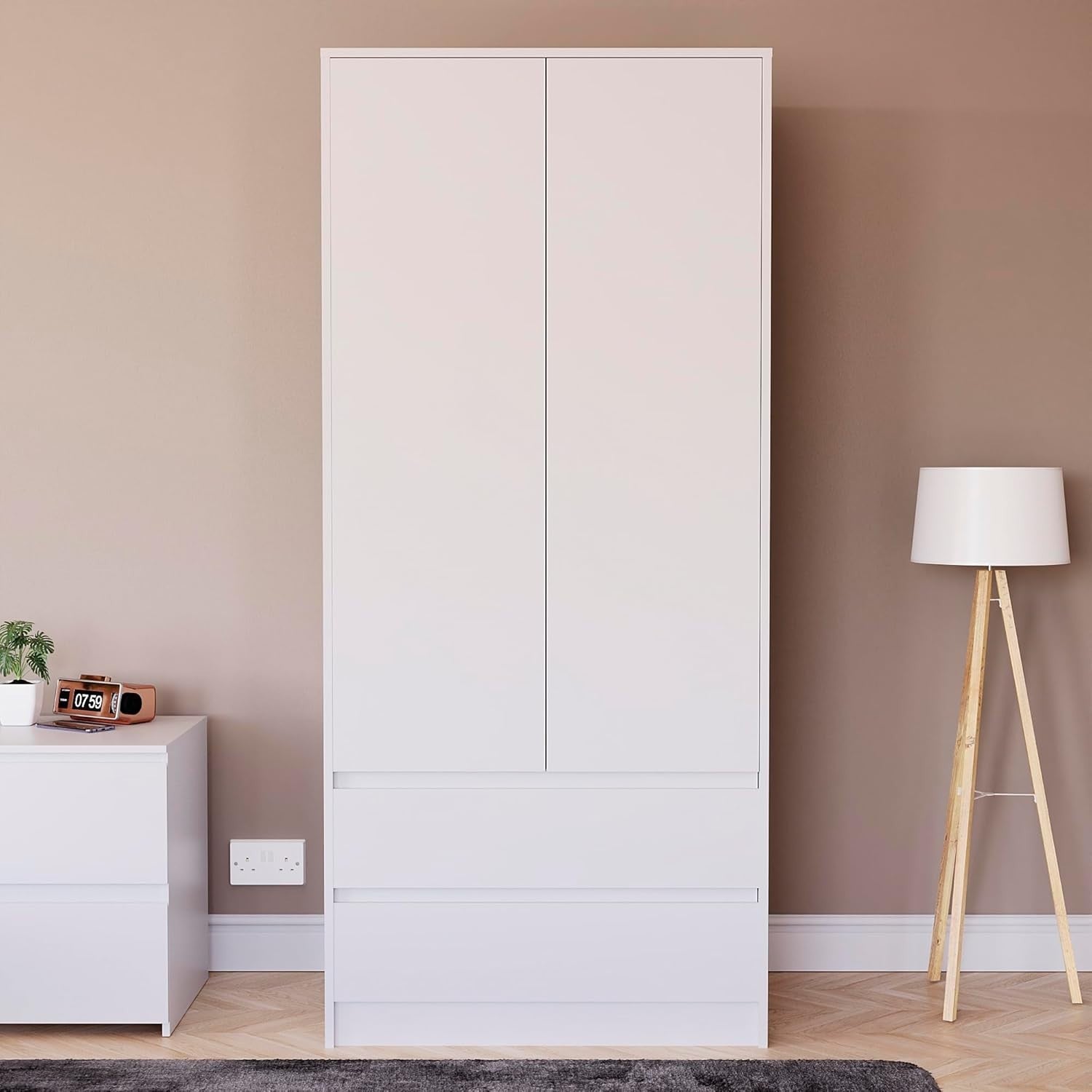 White 2 Door Wardrobe with 2 Drawers Pine Wood Bedroom Storage Cabinet