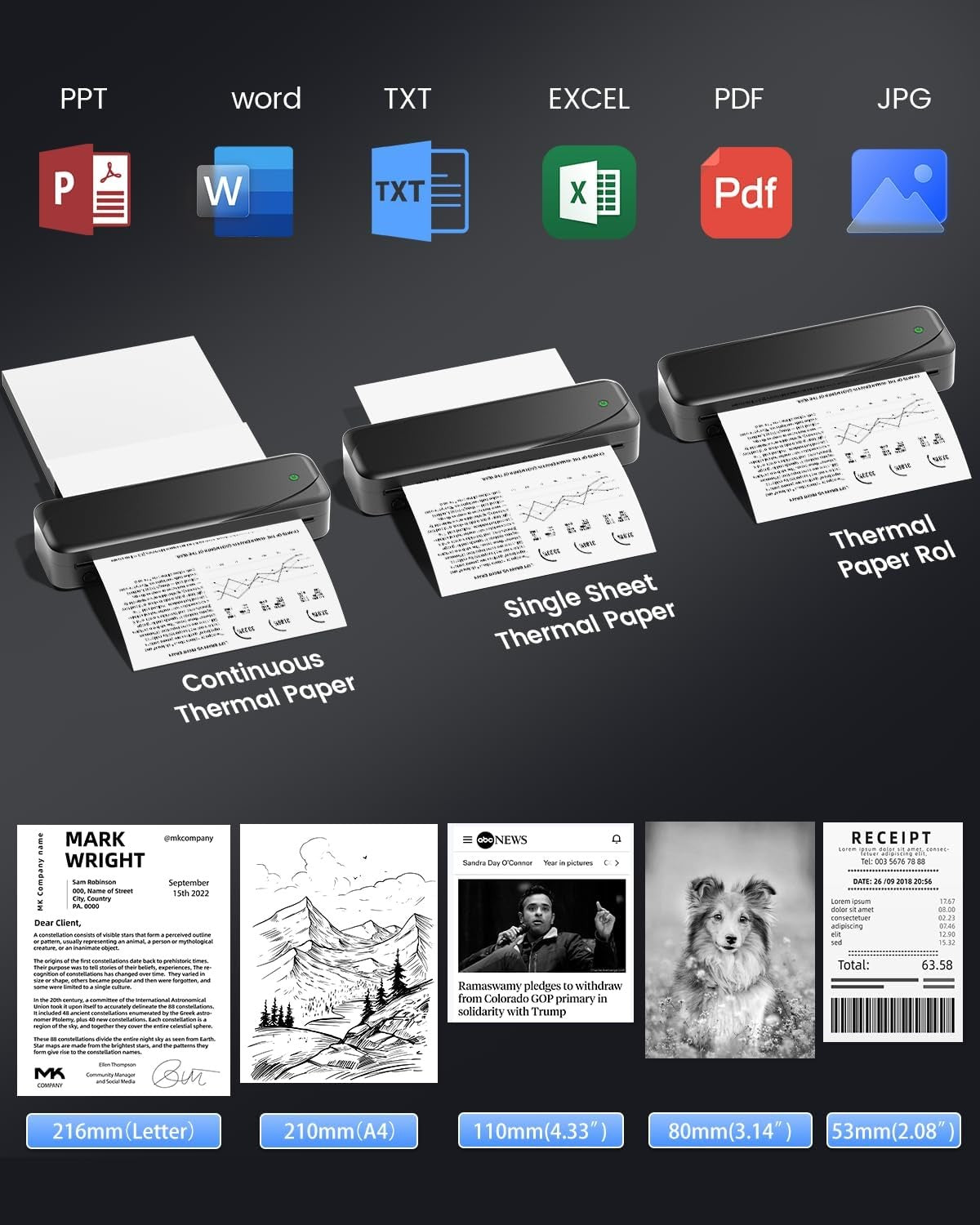 A4 Wireless Thermal Printer 300DPI Portable Black