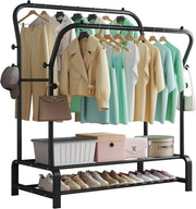 Heavy Duty Metal Clothes Rail Double Rack with Shelves & 8 Hooks Black