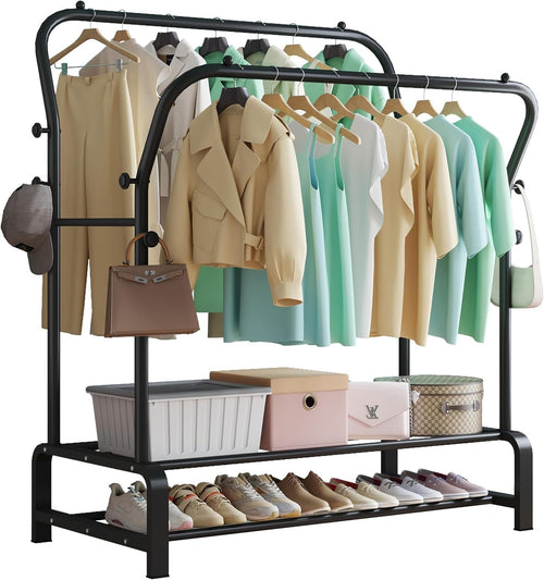 Heavy Duty Metal Clothes Rail Double Rack with Shelves & 8 Hooks Black
