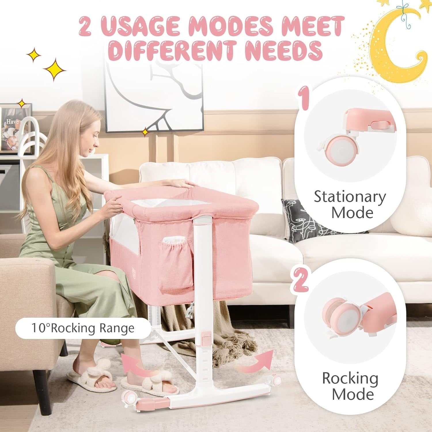 3in1 Baby Bassinet Bedside Crib Co-Sleeper Cot with Mattress & Wheels Pink