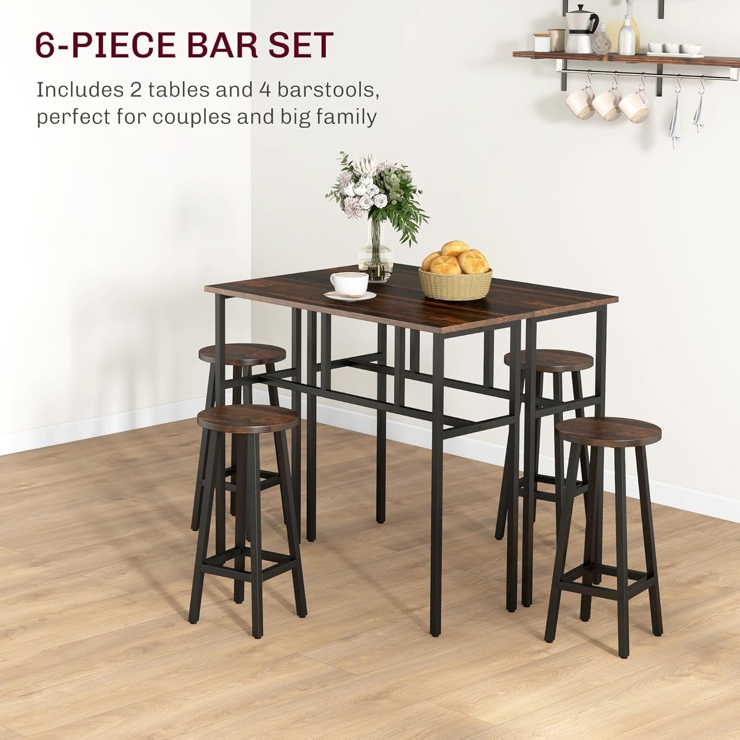 6-Piece Bar Table Set 2 High Tables & 4 Stools, Rustic Brown Space-Saving Dining