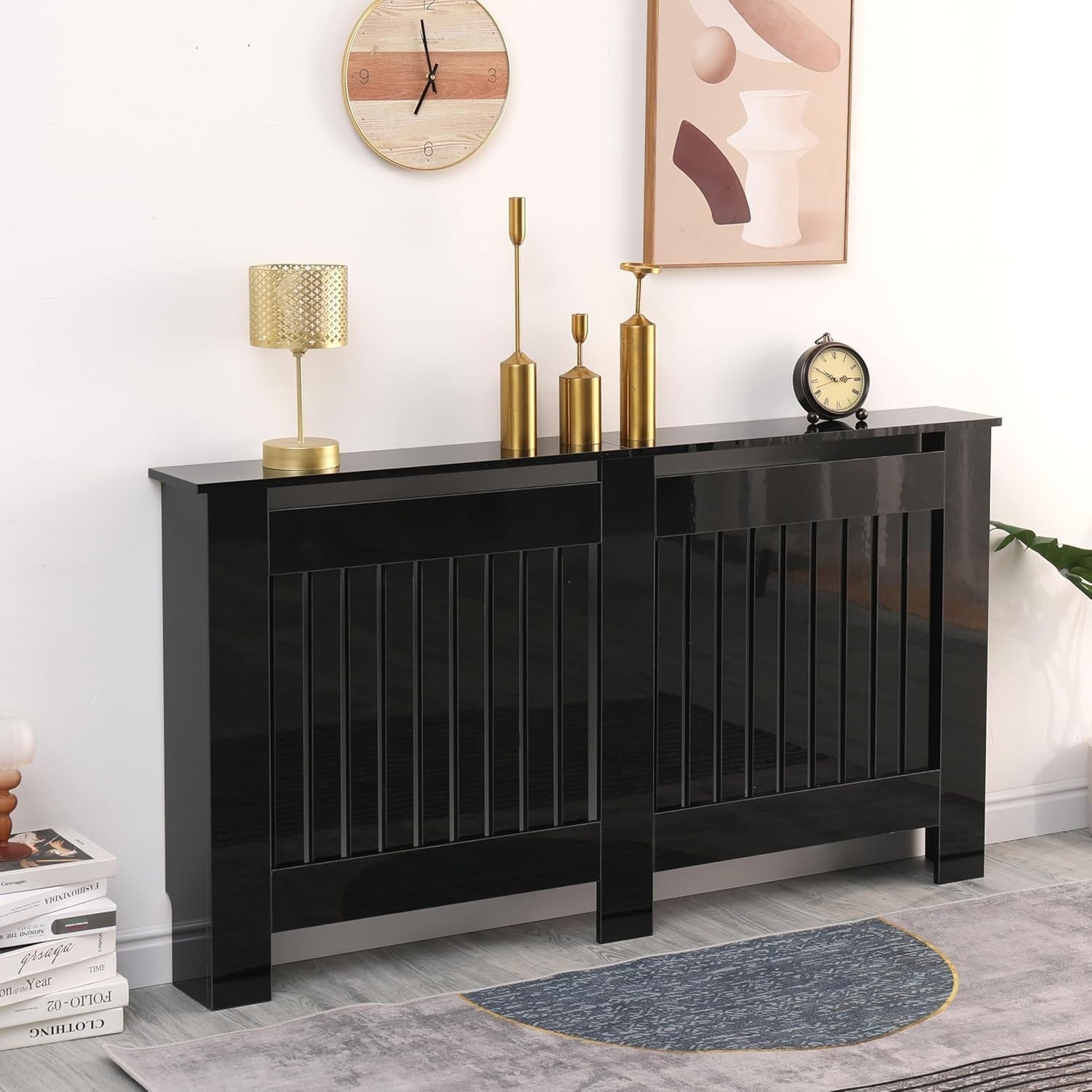 High Gloss Black Radiator Cover Modern Slatted Cabinet Shelf 151x19x85cm