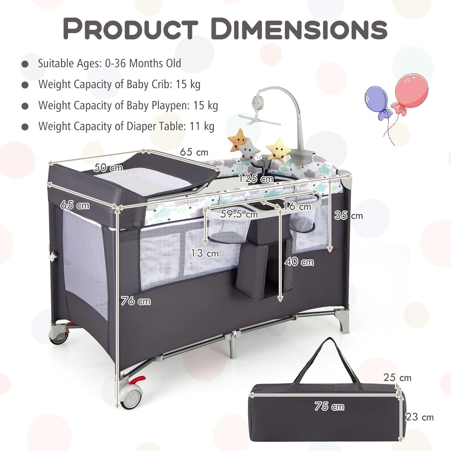 5in1 Baby Travel Cot Foldable Crib with Mattress Basket Changer & Storage Dark