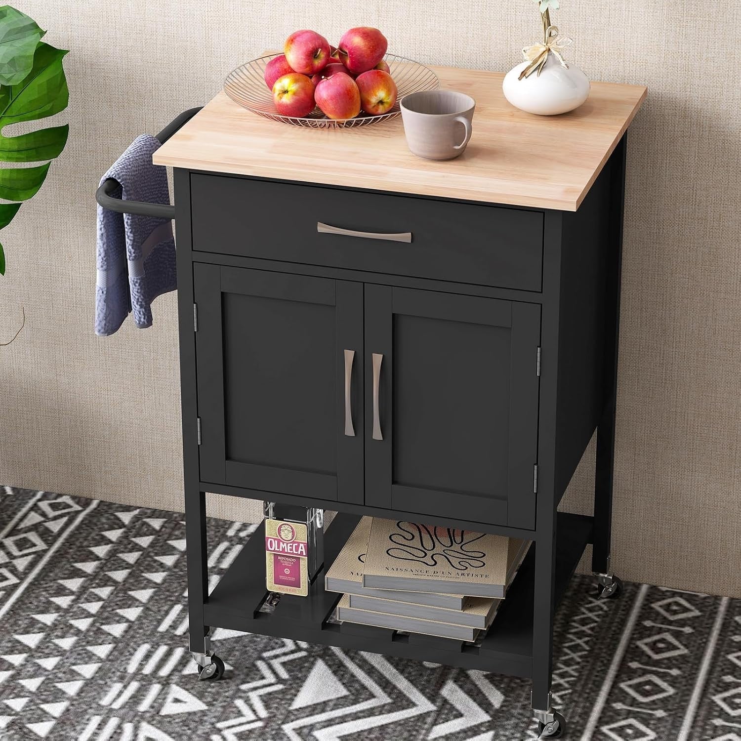 Black Rolling Kitchen Island Cart Rubber Wood Top Cabinet