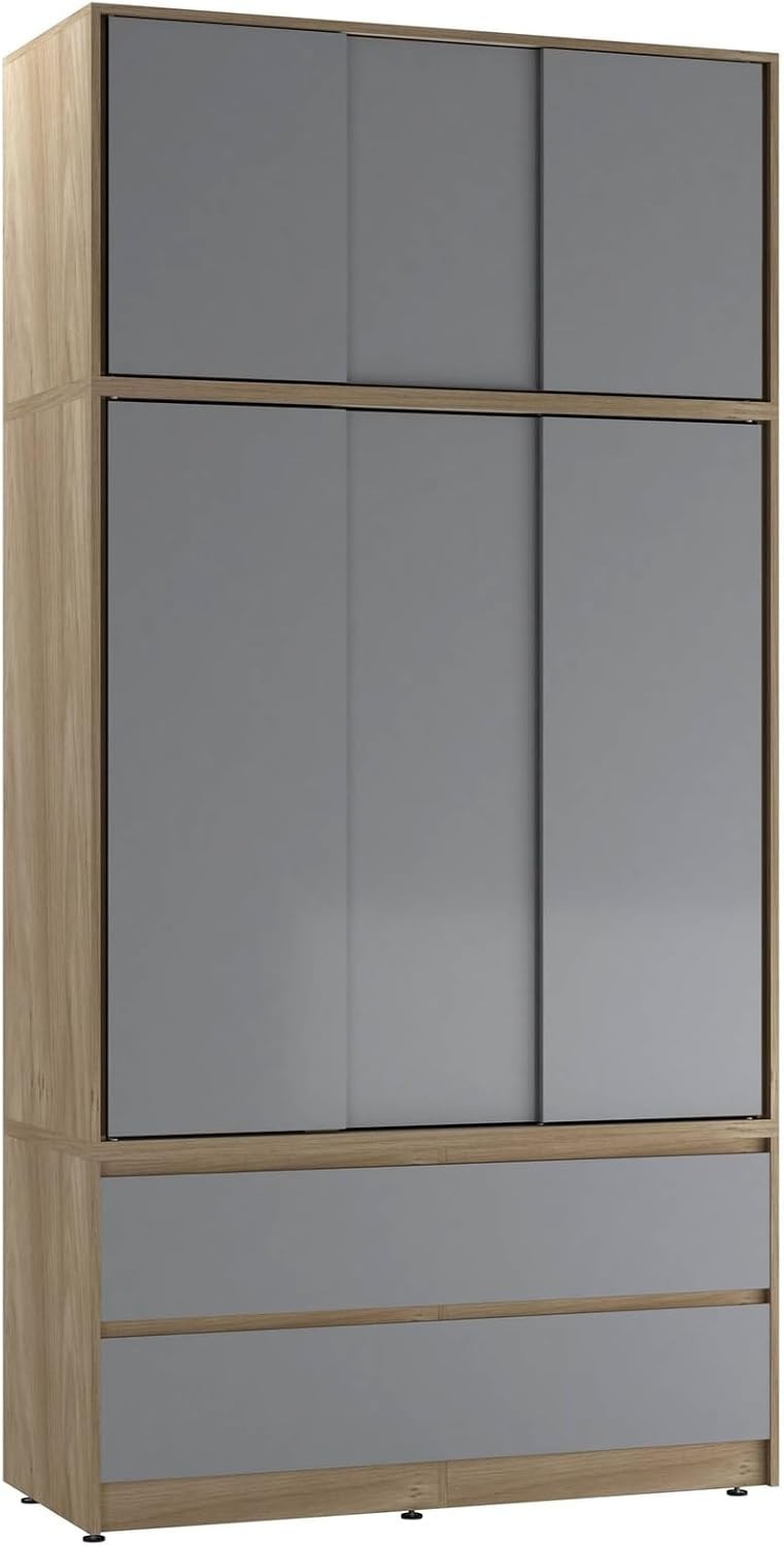 240cm Sliding Wardrobe Grey Doors 6 Door 4 Drawer Closet Storage Unit