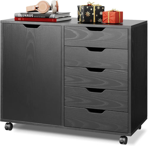Black Rolling File Cabinet 5 Drawer Office Storage 78x40x65cm