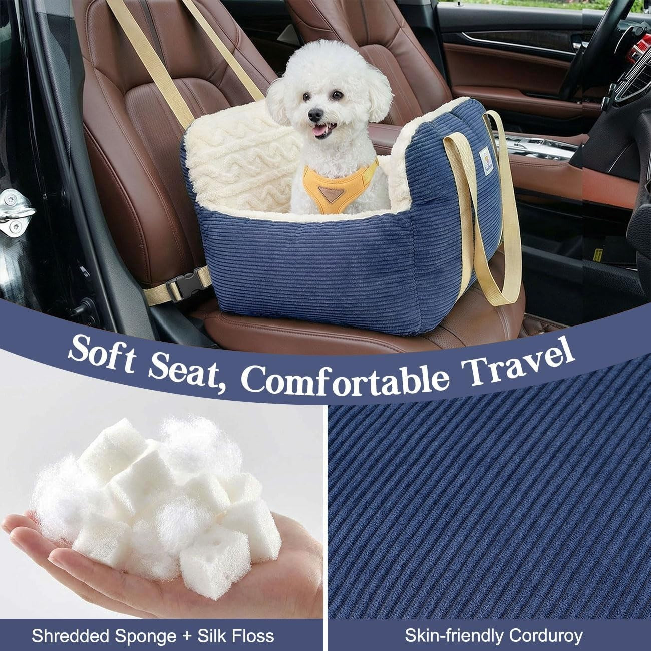 Memory Foam Dog Car Booster Seat Pet Travel Bed Safety Leash 25lb