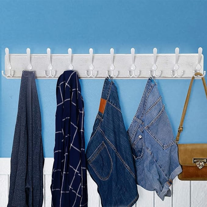 Rustic White Wall Mounted Coat Rack 98cm | 10 Triple Hooks Wooden Hanger