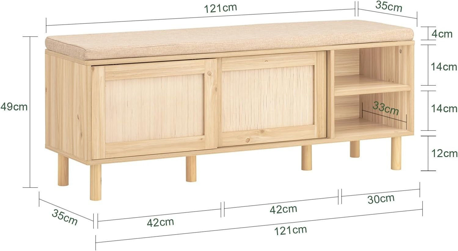 Wooden Shoe Storage Bench with Cushion 6 Compartments 121×35×49cm