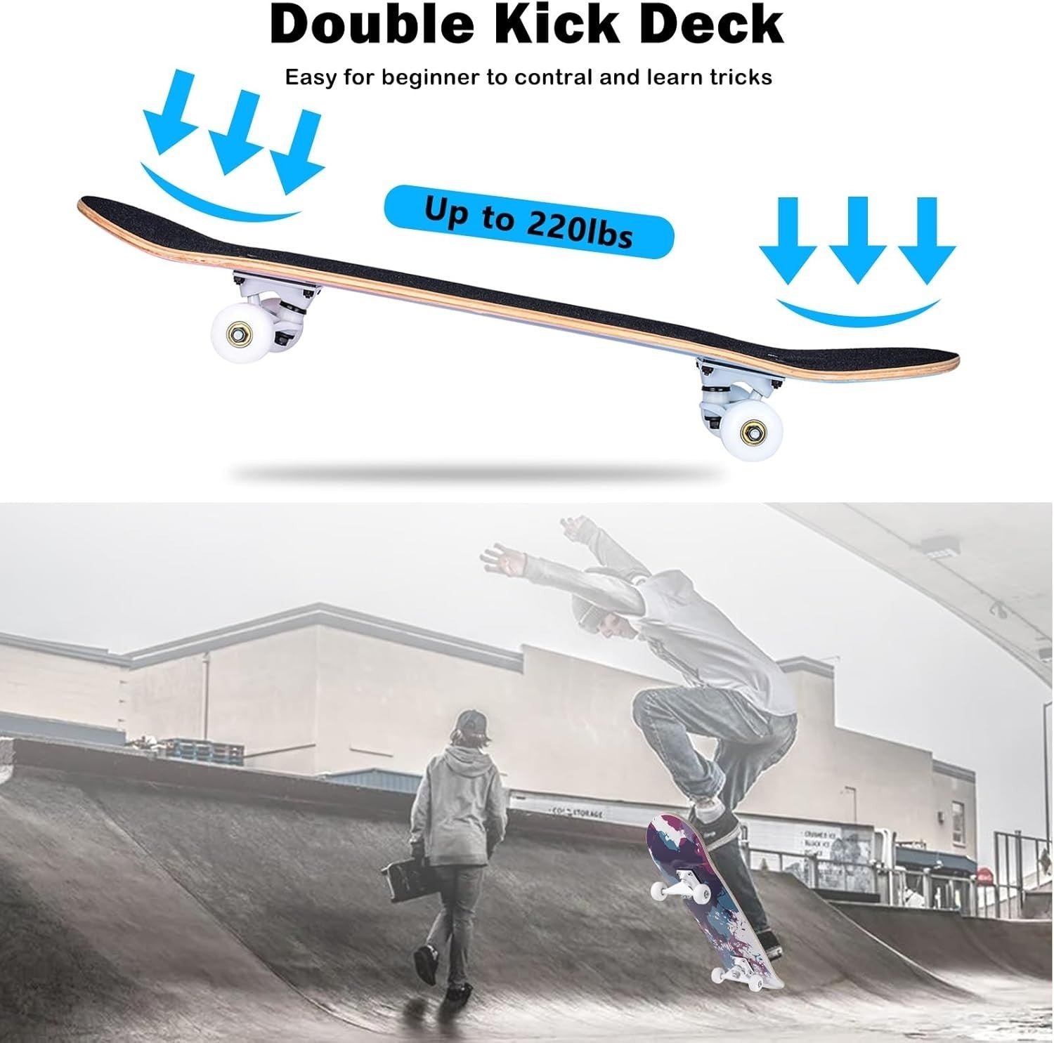 Complete 31x8 Maple Skateboard Double Kick Cruiser Beginner Teens Adults