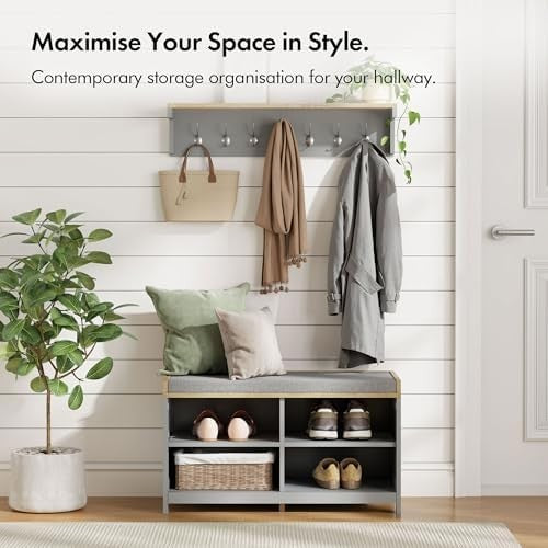Grey Shoe Storage Bench with Cushion & 4 Shelves – Modern Hallway Unit