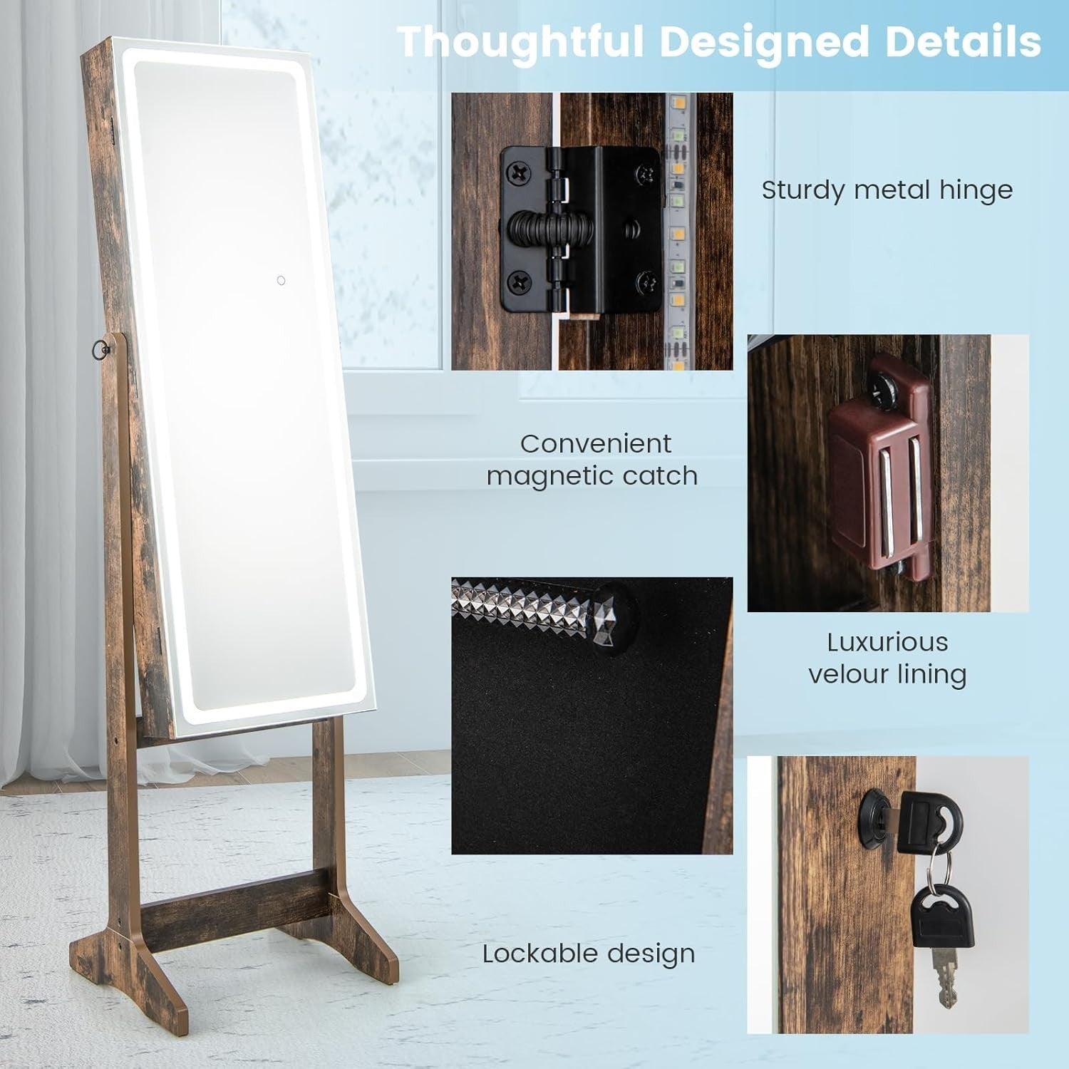 Rustic Brown LED Jewelry Cabinet Mirror Lockable 3-Color Light Storage