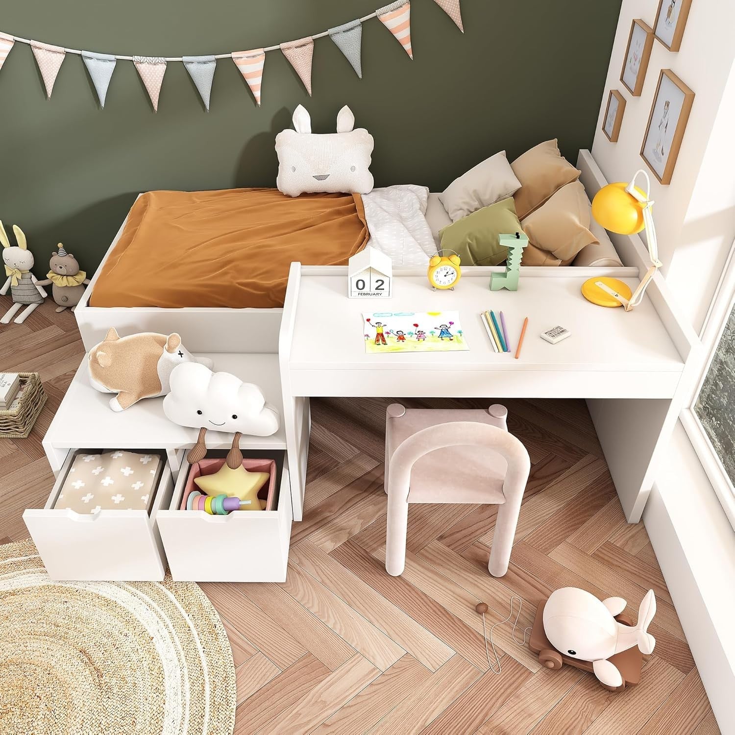 3FT Kids Bed with Desk & Storage Drawers, Wooden Frame Single Bed 90x190cm