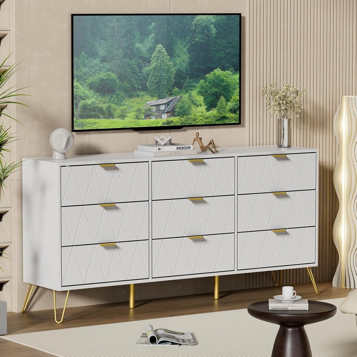 White 9 Drawer Dresser Cabinet Modern Wide Storage Unit for Bedroom Hallway