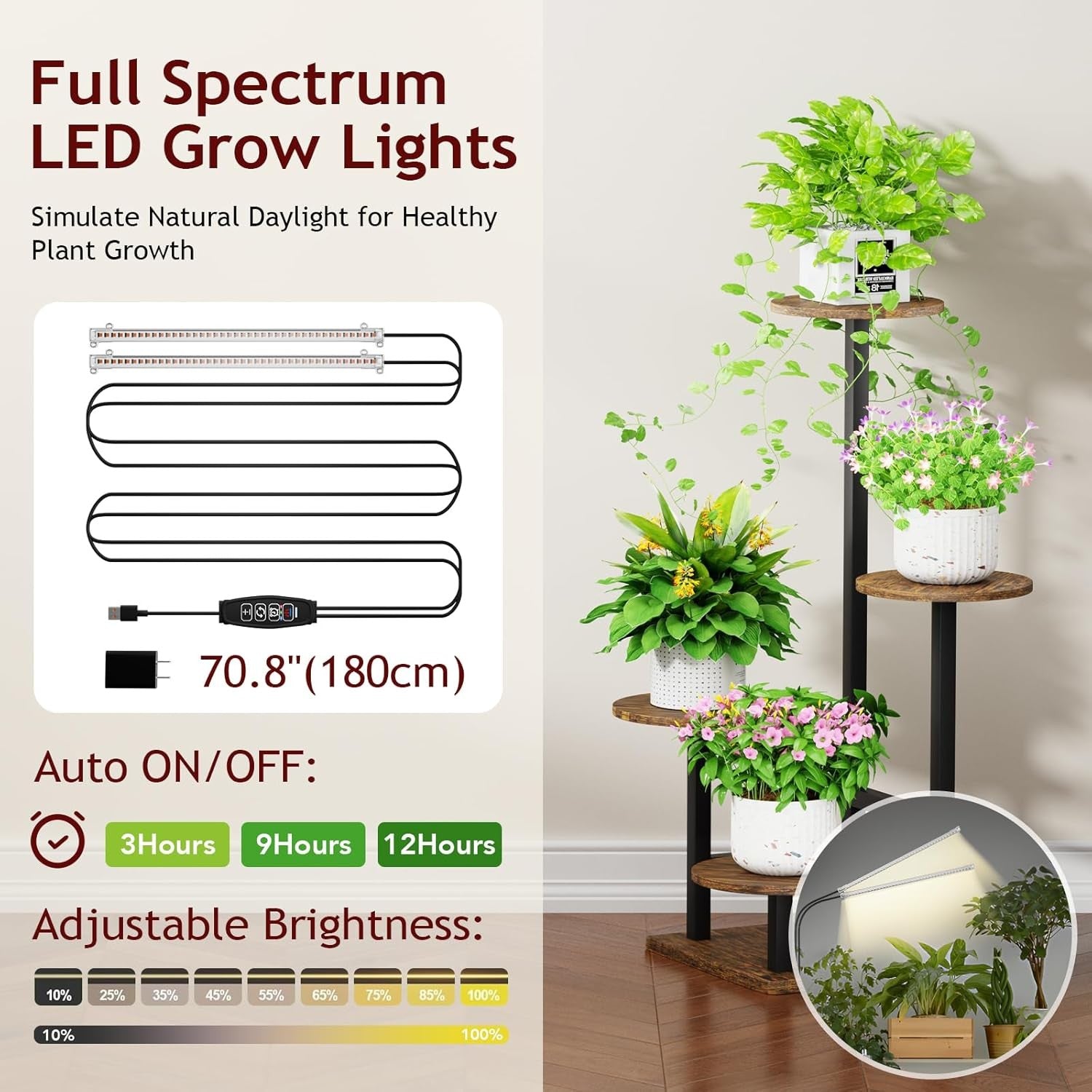 4-Tier Metal Plant Stand with Adjustable Grow Light & Hook | Indoor Corner Shelf