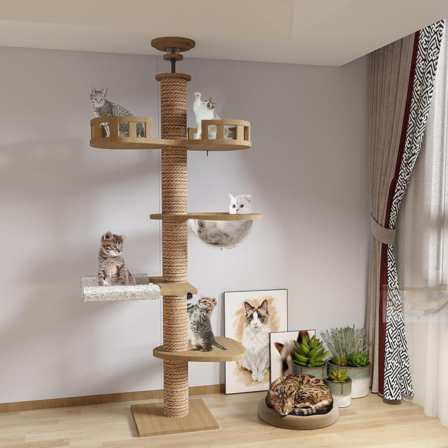 Floor to Ceiling Cat Tree Tower Adjustable Height Scratching Post Hammock