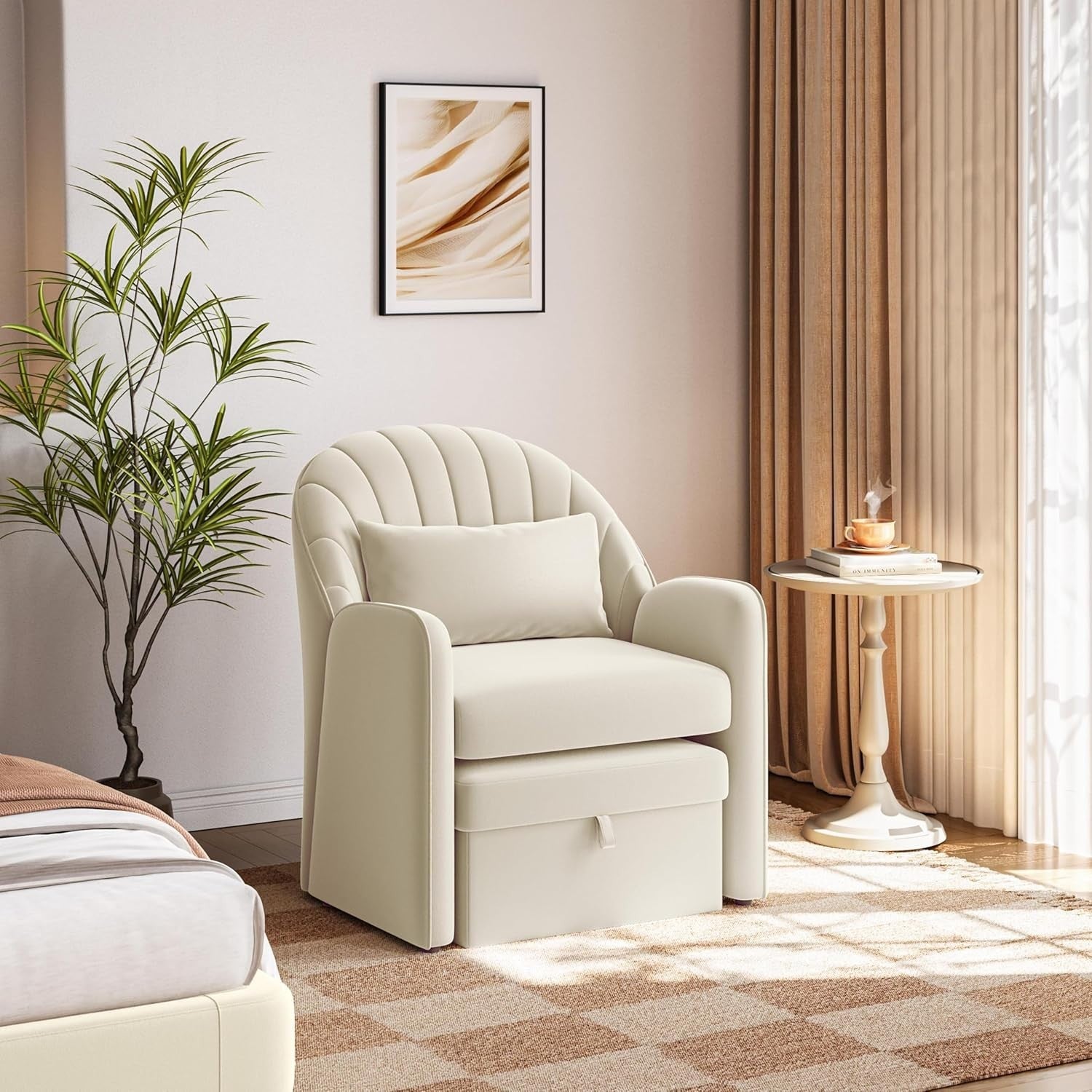Velvet Tub Chair with Storage Ottoman & Lumbar Pillow | Modern Accent Seat