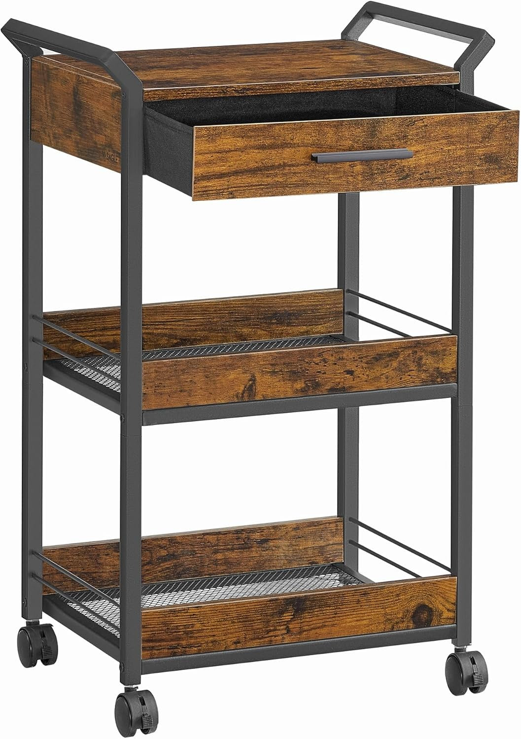 3 Tier Storage Trolley Rolling Cart with Drawer Table Top Mesh Shelves Wheels