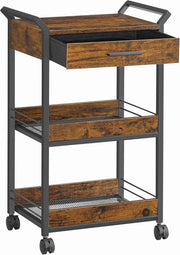 3 Tier Storage Trolley Rolling Cart with Drawer Table Top Mesh Shelves Wheels