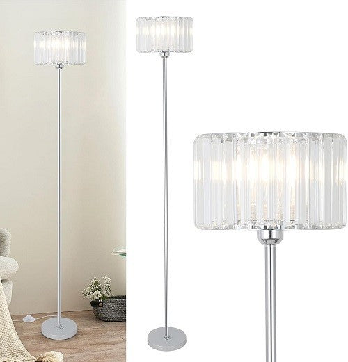 Crystal Floor Lamp Chrome Glass Shade Tall Standing Light Living Room