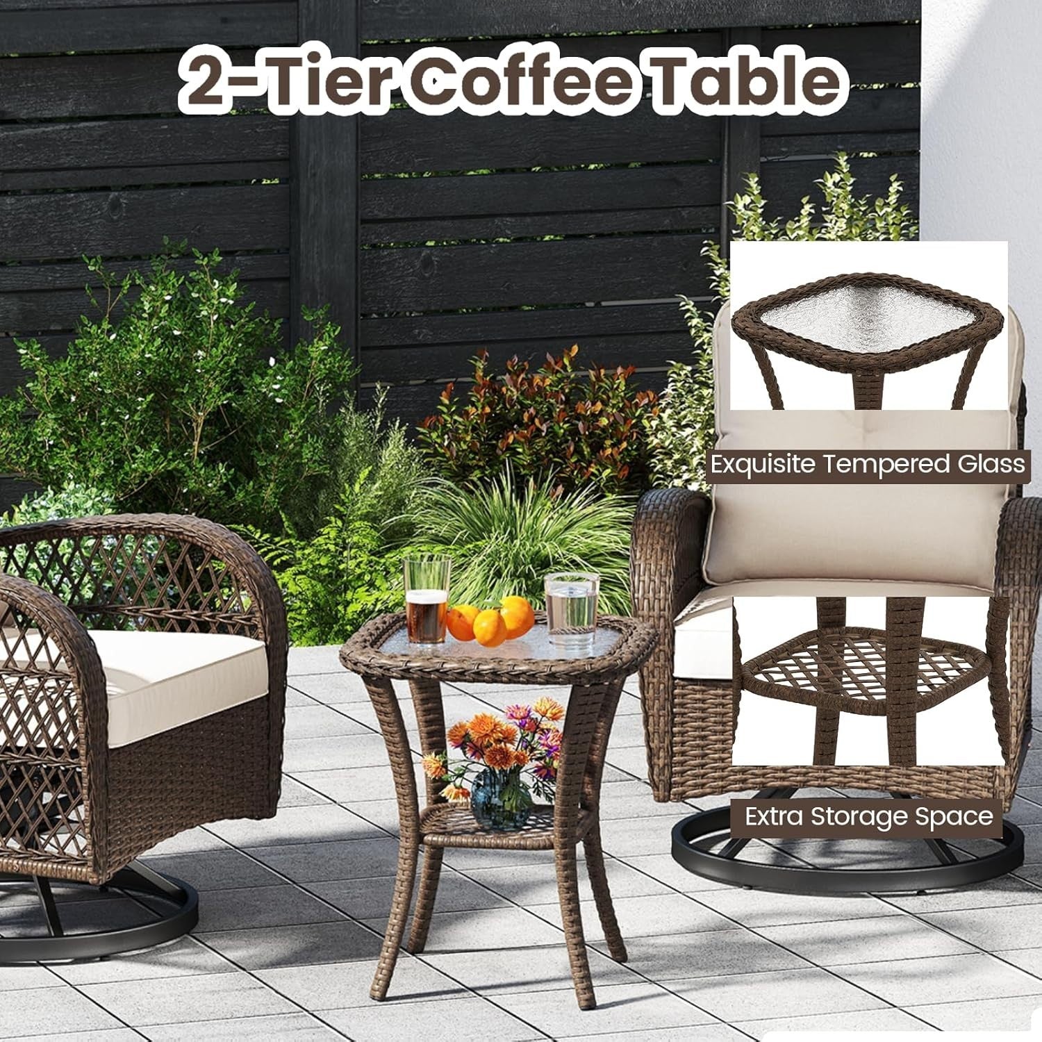 360° Swivel Rattan Bistro Chairs Set Plush Cushions Side Table Garden