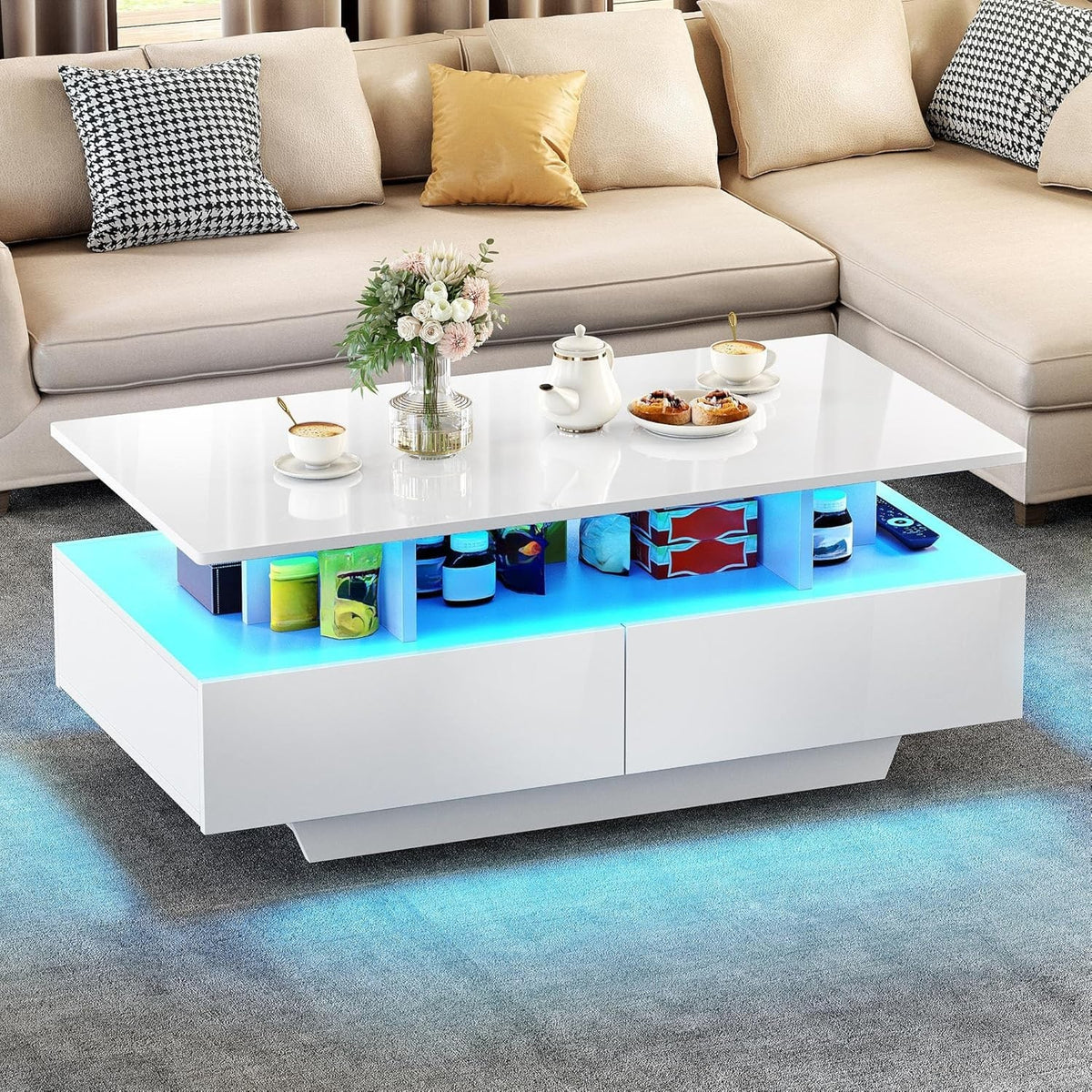 LED Coffee Table with Storage Drawers White Gloss 16-Color Light Modern