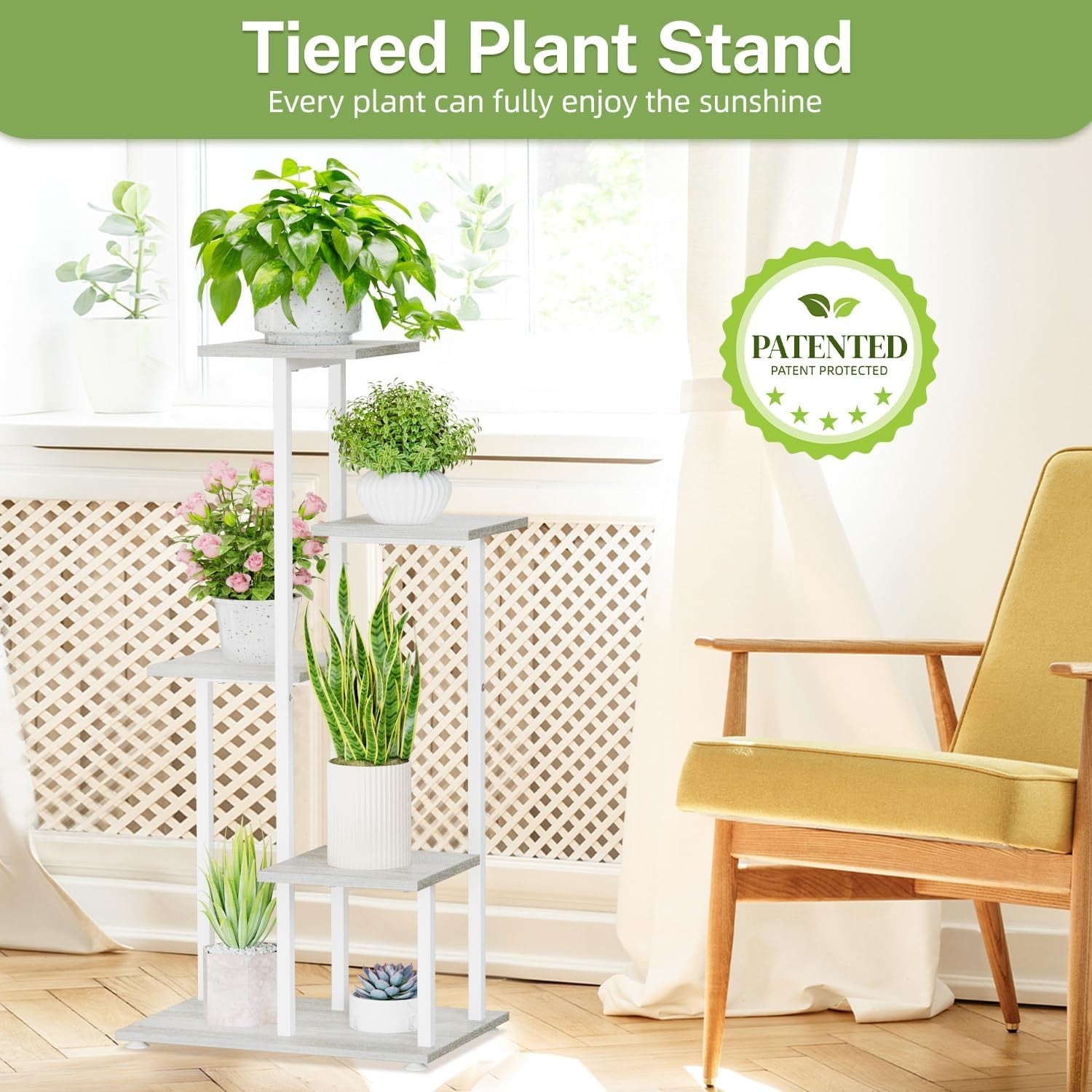 5 Tier White Metal & Wood Plant Stand | Tall Corner Indoor Display Shelf Rack