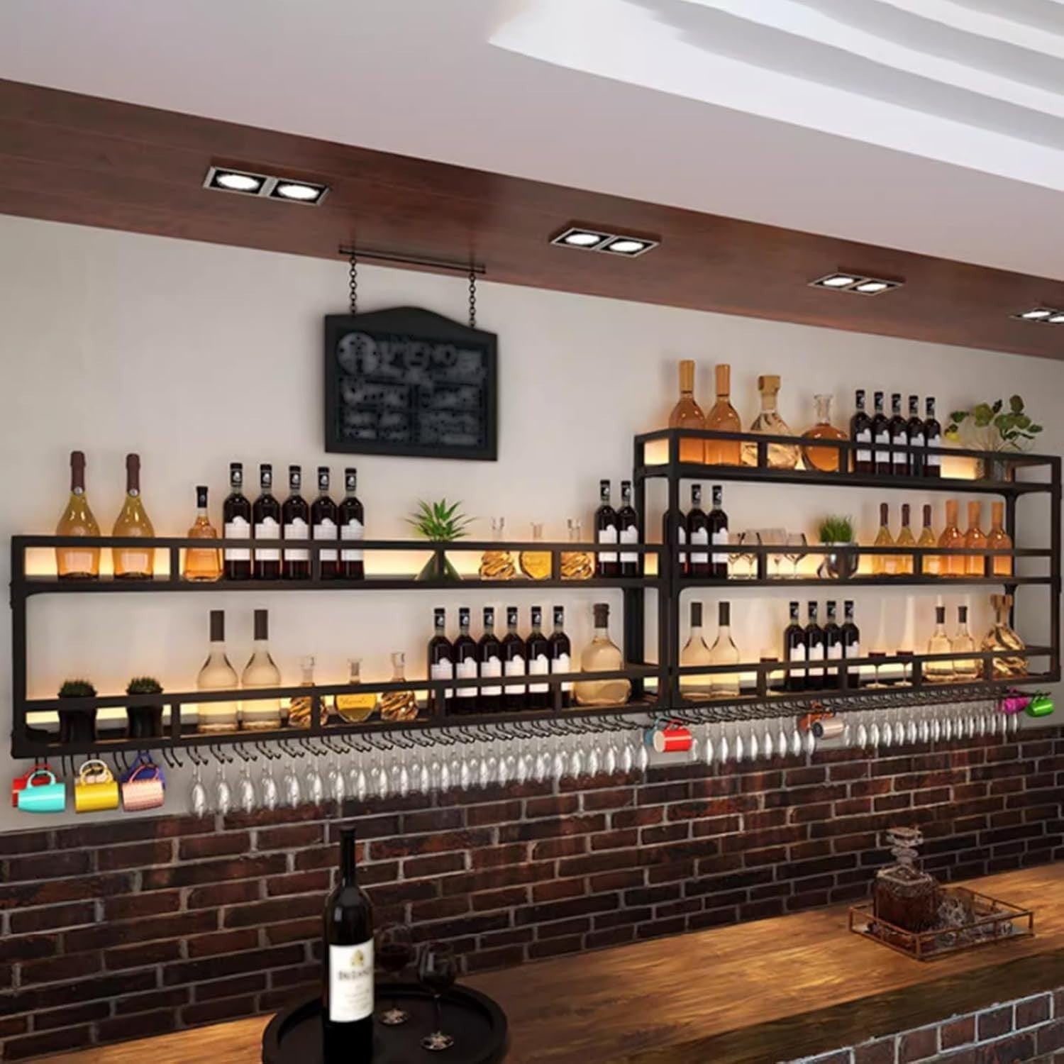 Wall Mounted Wine Rack Black Metal Bar Shelf With Glass Holder 180x25x90cm