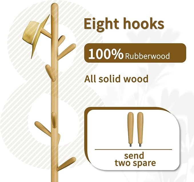 Natural Wood Coat Rack 8 Hooks Square Base Freestanding Hall Tree Stand
