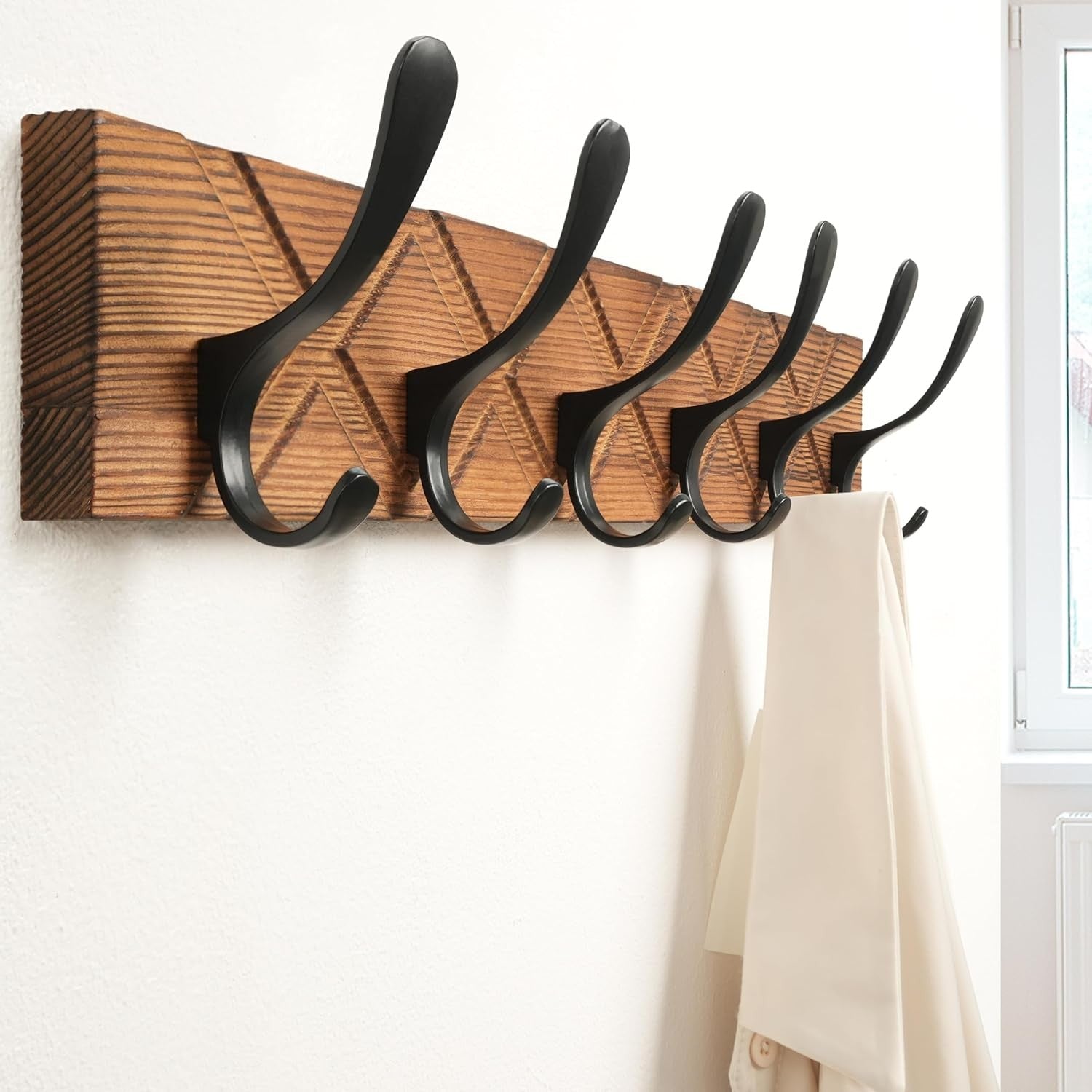 Antique Wall Coat Rack Set | 2x 6 Hook Wooden Hanger Racks Brown & Black