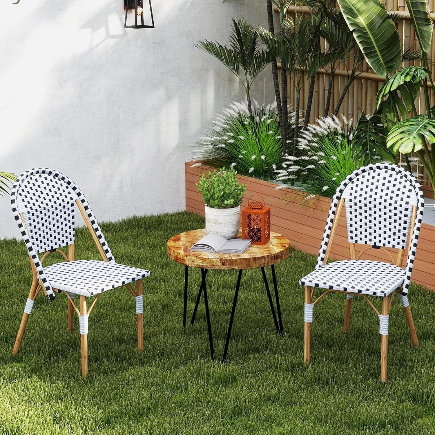 Outdoor Rattan Bistro Chairs Set of 2 Metal Frame Patio Garden Dining Seats