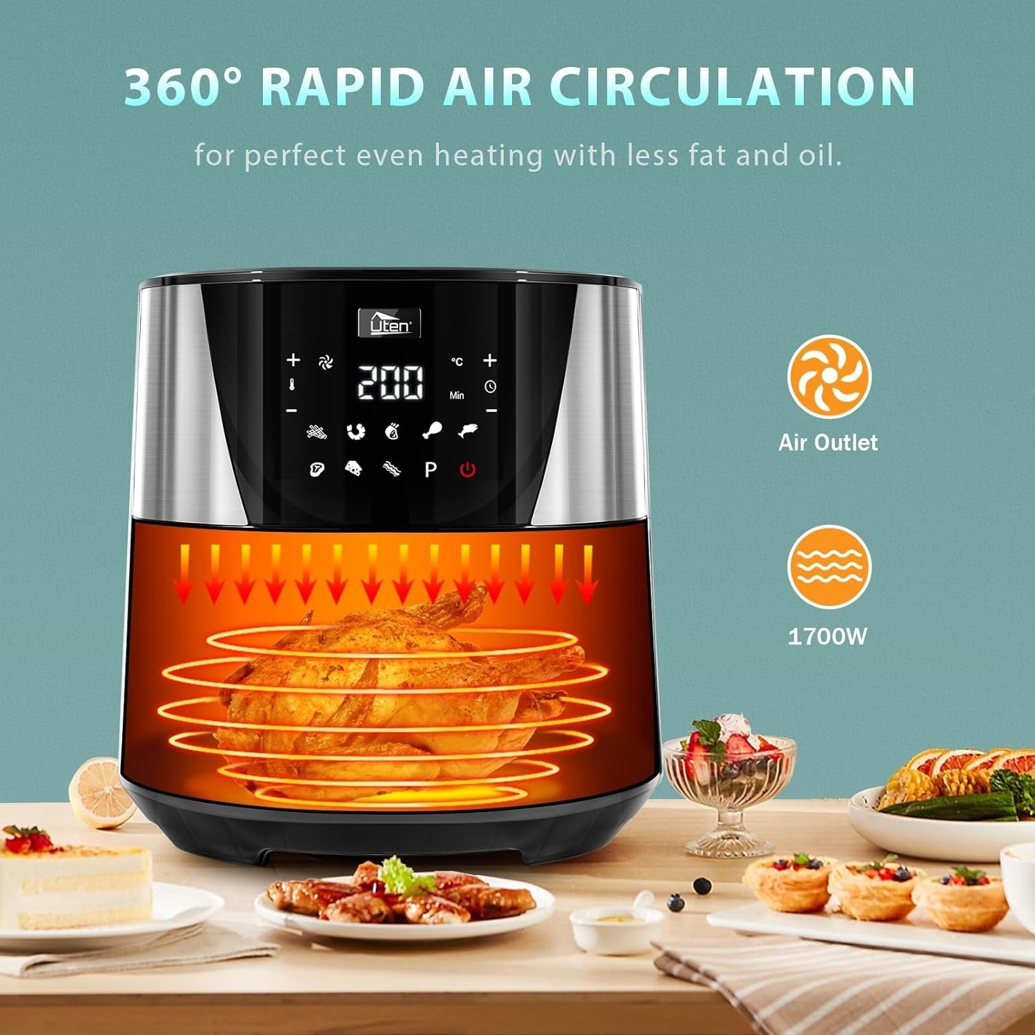 Air Fryer 7.5L 1700W Preheat Digital Touch 8 Presets Oil-Free Healthy Cooking