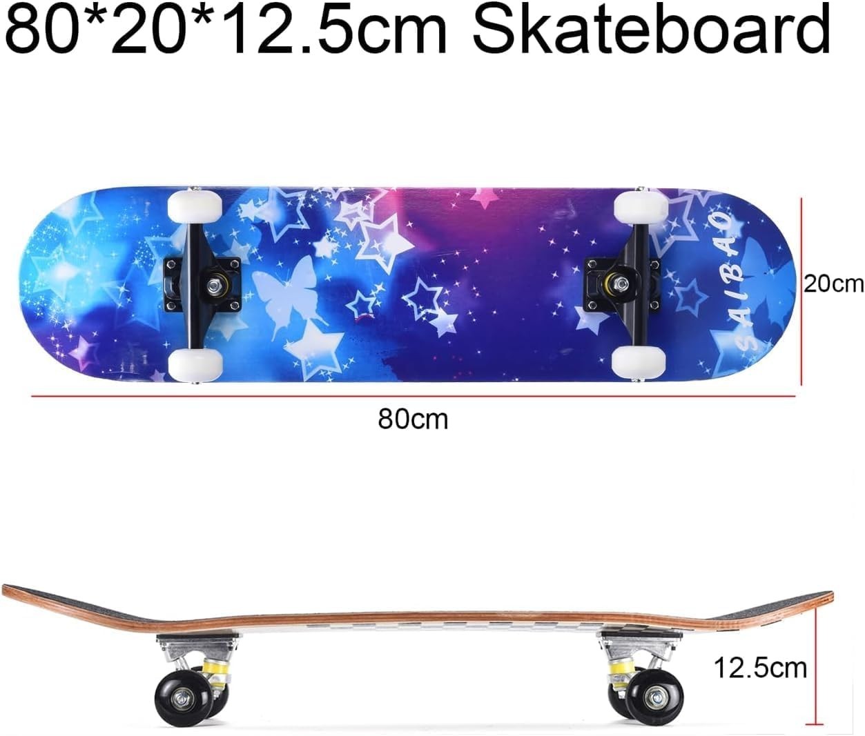 31in Beginner Skateboard Double Kick Maple Deck Blue Star Kids Adults + Tool
