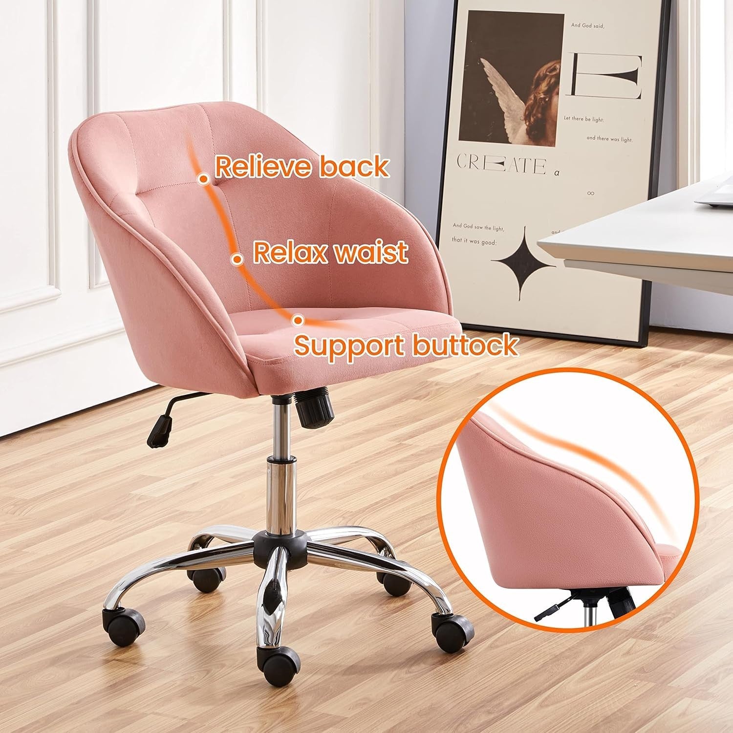 Pink Velvet Desk Chair Home Office Swivel Adjustable Height Back Support