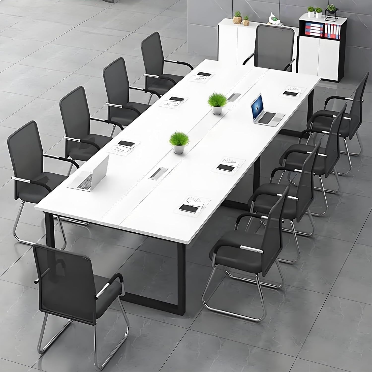 White 320cm Conference Table 6–20 Person Meeting Desk w/ Cable Ports Stable Feet
